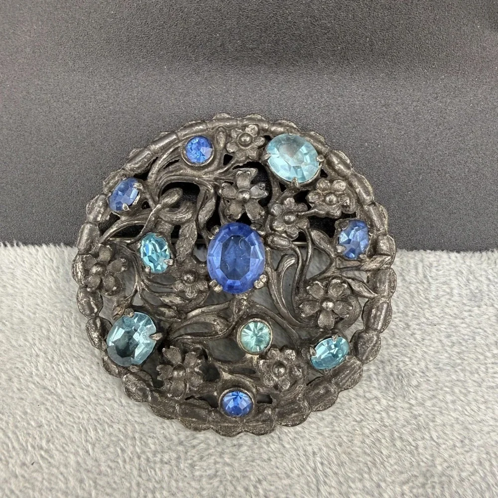 Vintage‎ Pot Metal Rhinestone Brooch Silver Tone Blue